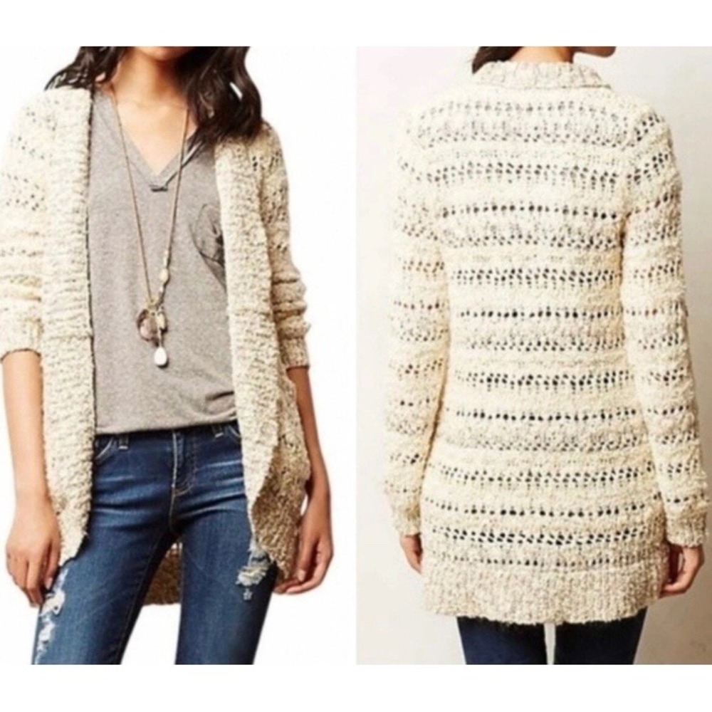 Anthropologie Knitted & Knotted Open Knit Cocoon Cardigan Cream Beige Sequins